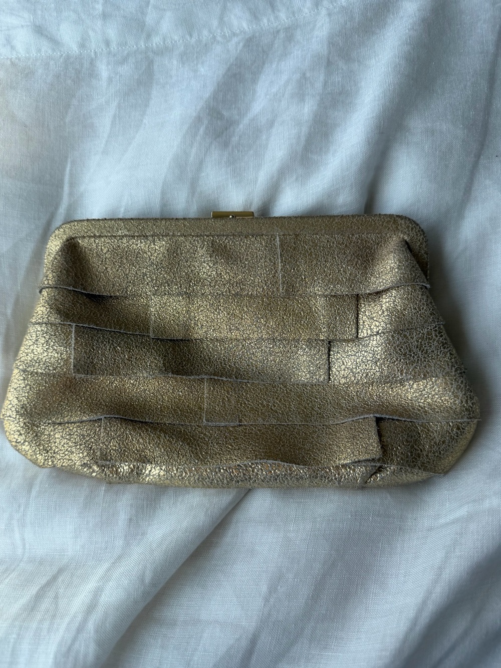 J. Crew Metallic Gold Basket-Weave Leather Frame Clutch Bag